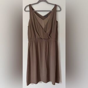 Eileen Fisher Olive Green Silk Crepe Charmeuse‎ Layered Double V Mini Dress